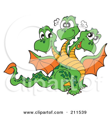 Royalty-Free (RF) Clipart Illustration of a Three Headed Dragon With Orange Wings by visekart