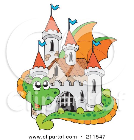 Royalty-Free (RF) Clipart Illustration of a Cute Dragon Guarding A Fairy Tale Castle by visekart