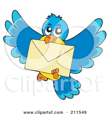 Royalty-Free (RF) Clipart Illustration of a Blue And Yellow Bird Flying With An Envelope by visekart