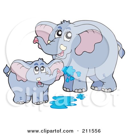 Royalty-Free (RF) Clipart Illustration of a Cute Baby And Mother Elephant Playing In Water by visekart