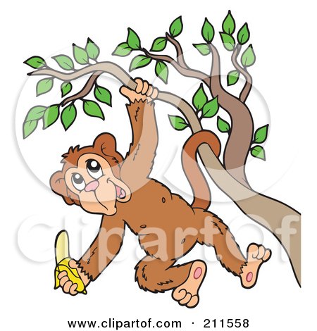 Royalty-Free (RF) Clipart Illustration of a Happy Monkey Hanging From A Tree With A Banana by visekart
