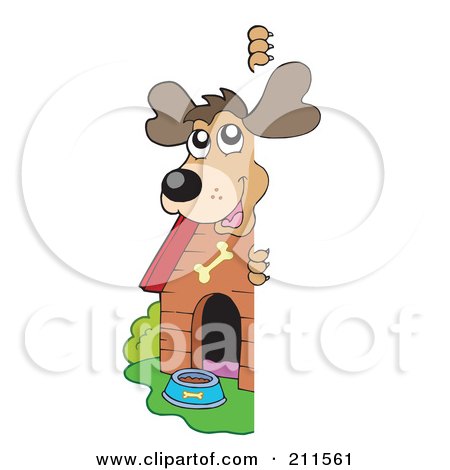 Royalty-Free (RF) Clipart Illustration of a Happy Dog By A House, Peeking Around A Blank Sign by visekart