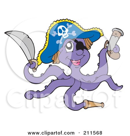 Royalty-Free (RF) Clipart Illustration of a Purple Octopus Pirate With A Sword, Gun And Telescope by visekart