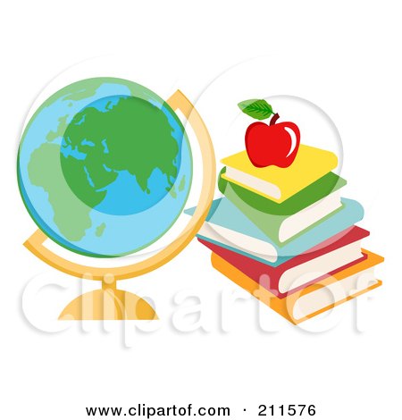 Royalty-Free (RF) Clipart Illustration of a Desk Globe With Text Books by Hit Toon