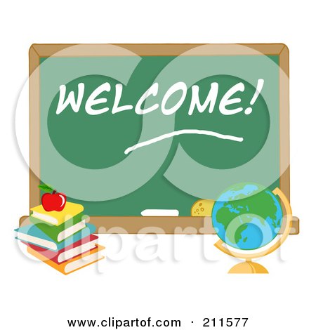Royalty-Free (RF) Clipart Illustration of a Desk Globe By A Welcome Chalk Board by Hit Toon