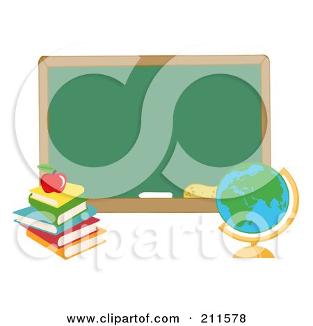 Royalty-Free (RF) Clipart Illustration of a Desk Globe By A Blank Chalk Board by Hit Toon