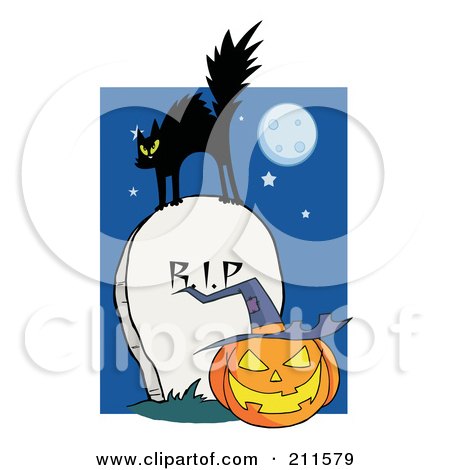 Royalty-Free (RF) Clipart Illustration of a Scared Cat On A Tombstone Over A Jackolantern by Hit Toon
