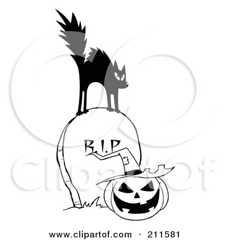 Royalty-Free (RF) Clipart Illustration of a Black And White Scared Cat On A Tombstone Over A Jackolantern by Hit Toon