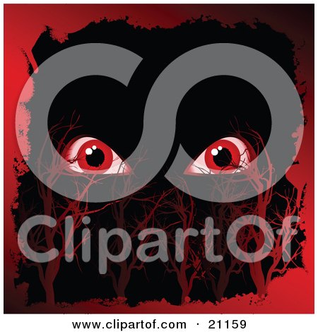 Clipart Illustration of a Pair Of Red Spooky Monster Eyes Glaring Out In A Dark Night Sky With Red Trees And A Border by elaineitalia