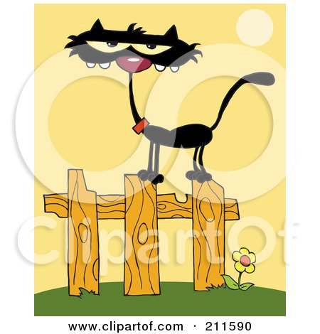 Royalty-Free (RF) Clipart Illustration of a Scrawny Black Cat On A Fence During The Day by Hit Toon