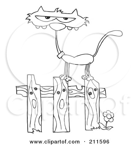 Royalty-Free (RF) Clipart Illustration of an outlined Scrawny Cat On A Fence by Hit Toon