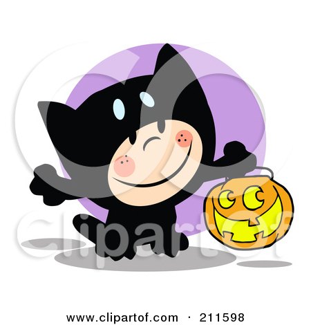 Royalty-Free (RF) Clipart Illustration of a Happy Child Trick Or Treating In A Black Kitty Costume by Hit Toon