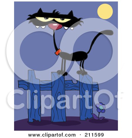 Royalty-Free (RF) Clipart Illustration of a Scrawny Black Cat On A Fence At Night by Hit Toon