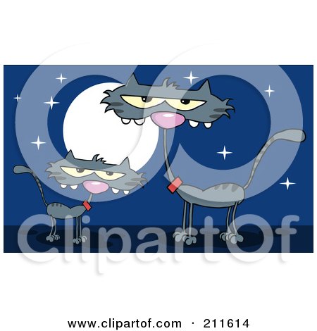 Royalty-Free (RF) Clipart Illustration of a Gray Kitten By A Mother Cat At Night by Hit Toon