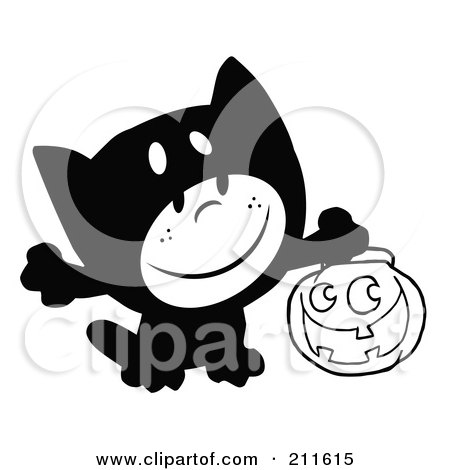Royalty-Free (RF) Clipart Illustration of a Black And White Kid Trick Or Treating In A Kitty Costume by Hit Toon