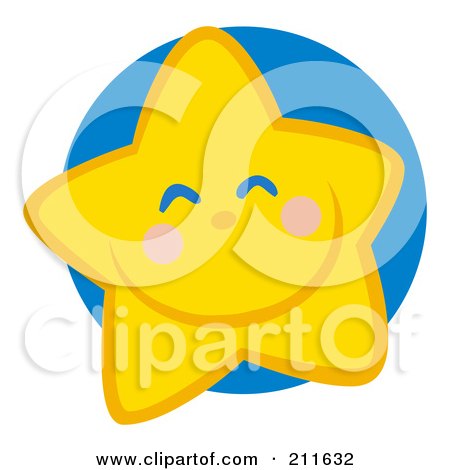 Royalty-Free (RF) Clipart Illustration of a Happy Grinning Yellow Star Face Over A Blue Circle by Hit Toon