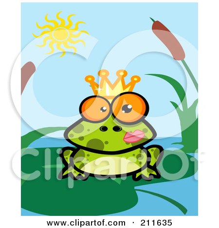 Royalty-Free (RF) Clipart Illustration of a Crowned Frog Prince With Lipstick On His Cheek by Hit Toon