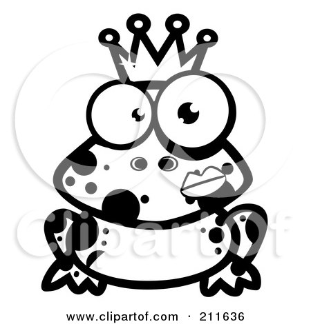 Royalty-Free (RF) Clipart Illustration of a Black And White Crowned Frog Prince With A Lipstick Kiss On His Cheek by Hit Toon