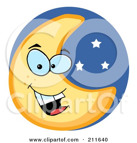 Royalty-Free (RF) Clipart Illustration of a Friendly Crescent Moon Face In A Starry Blue Sky by Hit Toon