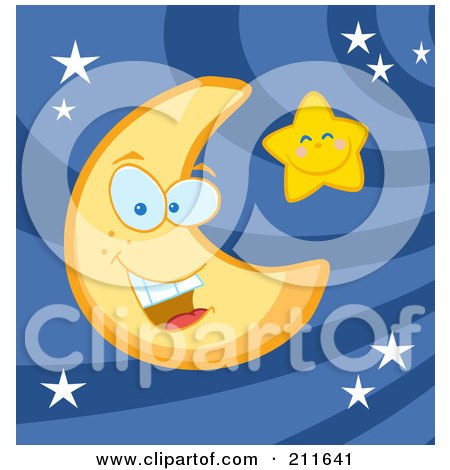 Royalty-Free (RF) Clipart Illustration of a Crescent Moon Face And Happy Star In A Night Sky by Hit Toon