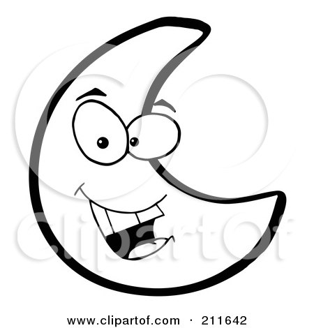 Royalty-Free (RF) Clipart Illustration of an Outlined Friendly Crescent Moon Face by Hit Toon