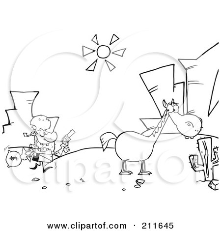 Royalty-Free (RF) Clipart Illustration of an Outlined Robber Running Towards His Horse In The Desert by Hit Toon