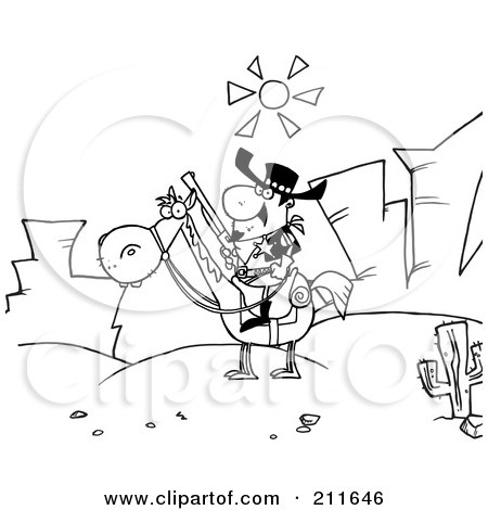 Royalty-Free (RF) Clipart Illustration of a Coloring Page Outline Of A Sheriff On Horseback In A Desert Landscape by Hit Toon