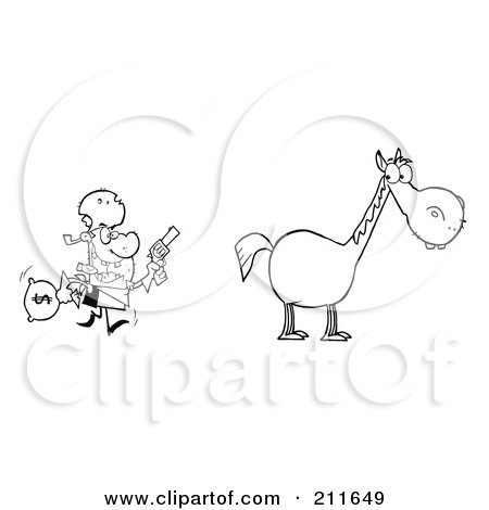 Royalty-Free (RF) Clipart Illustration of an outlined Bandit Running Towards His Horse by Hit Toon