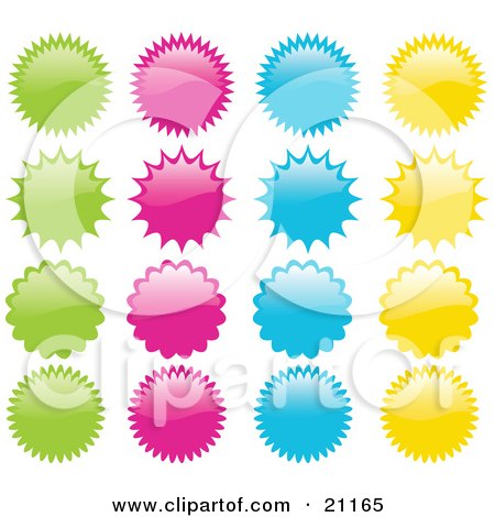 Clipart Illustration of a Collection Of Green, Pink, Blue And Yellow Star Bursts In Rows Over A White Background by elaineitalia