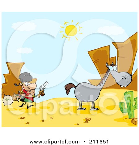 Royalty-Free (RF) Clipart Illustration of a Robber Running Towards His Horse In The Desert by Hit Toon