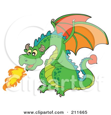 Royalty-Free (RF) Clipart Illustration of a Green Dragon Breathing Fire by visekart