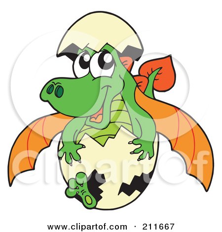 Royalty-Free (RF) Clipart Illustration of a Green And Orange Baby Dragon Hatching From An Egg by visekart
