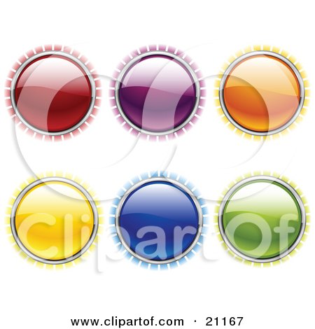 Clipart Illustration of a Collection Of Red, Purple, Orange, Yellow, Blue And Green Internet Buttons With Bright Light Rays by elaineitalia