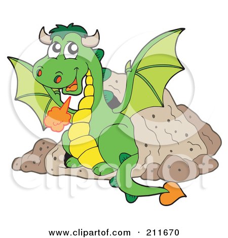 Royalty-Free (RF) Clipart Illustration of a Green Dragon Sitting By Rocks And Breathing Fire by visekart