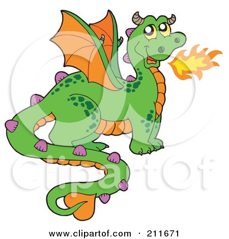 Royalty-Free (RF) Clipart Illustration of a Green Fire Breathing Dragon With Orange Wings by visekart