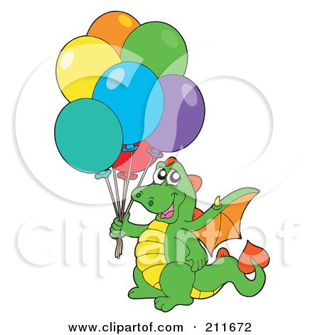 Royalty-Free (RF) Clipart Illustration of a Happy Dragon Holding A Bundle Of Party Balloons by visekart