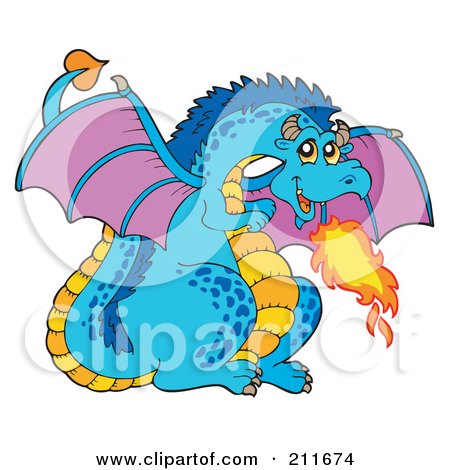 Royalty-Free (RF) Clipart Illustration of a Blue And Orange Dragon With Purple Wings, Breathing Fire by visekart