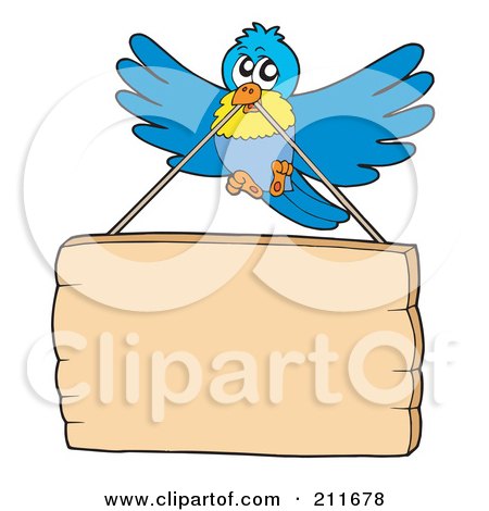 Royalty-Free (RF) Clipart Illustration of a Blue And Yellow Bird Carrying A Blank Sign On A String by visekart