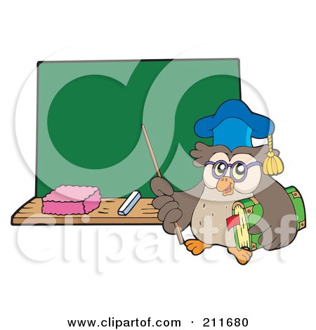 Royalty-Free (RF) Clipart Illustration of an Owl Teacher With A Pointer Stick And Book Near A Chalk Board by visekart