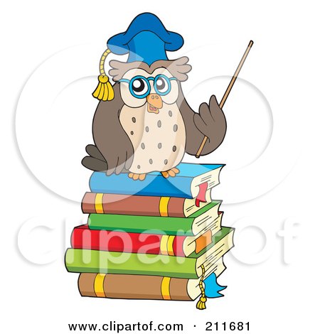 Royalty-Free (RF) Clipart Illustration of an Owl Teacher Holding A Pointer Stick On A Stack Of Books by visekart
