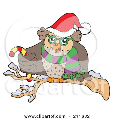 Royalty-Free (RF) Clipart Illustration of an Owl With A Santa Hat, Scarf And Candy Cane by visekart