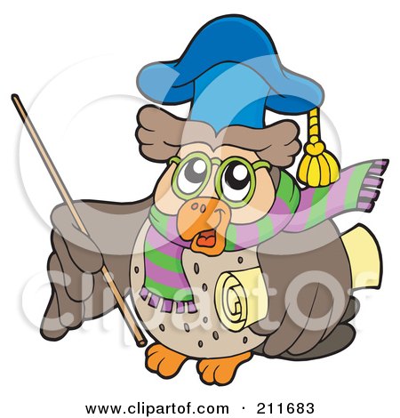 Royalty-Free (RF) Clipart Illustration of an Owl Teacher With Scarf, Stick And Diploma by visekart