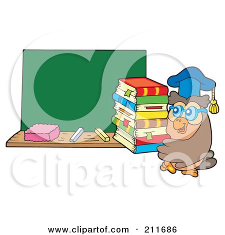 Royalty-Free (RF) Clipart Illustration of an Owl Teacher Carrying Books By A Chalk Board by visekart