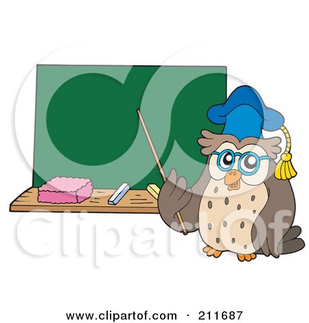 Royalty-Free (RF) Clipart Illustration of an Owl Teacher With A Pointer Stick Near A Chalk Board by visekart