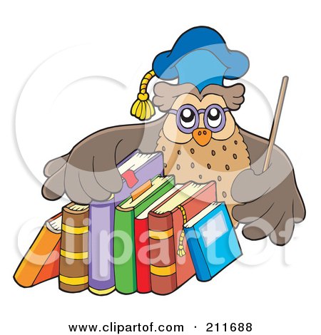 Royalty-Free (RF) Clipart Illustration of an Owl Teacher With A Row Of Books by visekart
