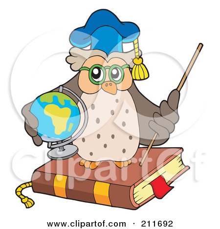 Royalty-Free (RF) Clipart Illustration of an Owl Teacher Holding A Globe And Standing On A Book by visekart