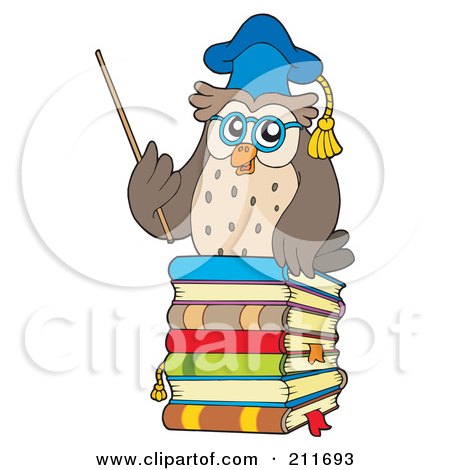 Royalty-Free (RF) Clipart Illustration of an Owl Teacher On A Stack Of Books With A Pointer Stick by visekart