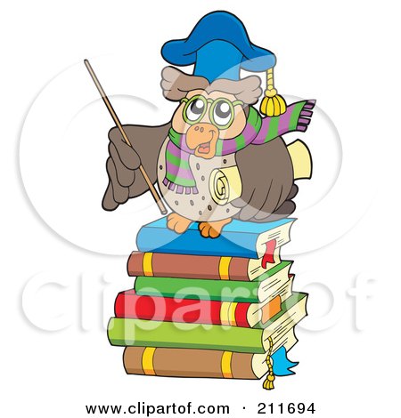 Royalty-Free (RF) Clipart Illustration of an Owl Teacher Holding A Stick And Diploma And Standing On A Stack Of Books by visekart