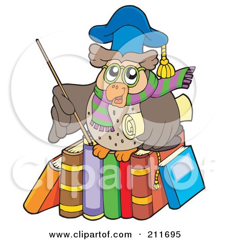 Royalty-Free (RF) Clipart Illustration of an Owl Teacher Holding A Stick And Diploma And Standing On A Row Of Books by visekart