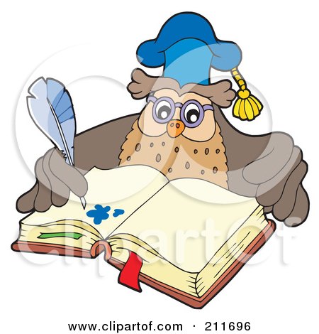 Royalty-Free (RF) Clipart Illustration of an Owl Teacher Writing In An Open Book by visekart